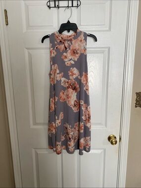 Sleeveless Floral Mini Dress in Purple with Peach/pink Blooms